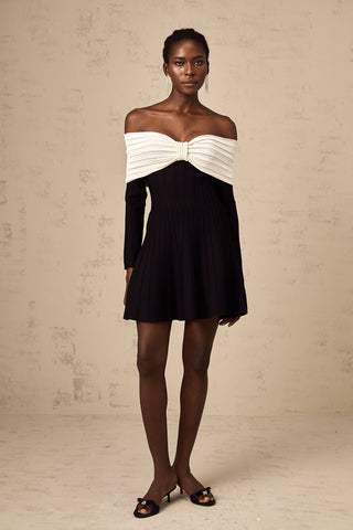 Justine Off-Shoulder Bow Knit Mini Dress — Black & White