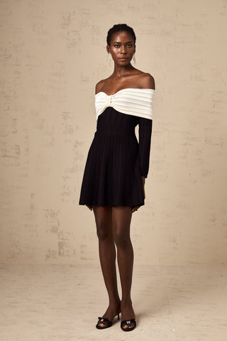 Justine Off-Shoulder Bow Knit Mini Dress — Black & White