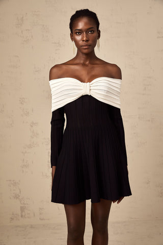 Justine Off-Shoulder Bow Knit Mini Dress — Black & White