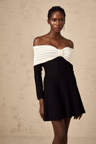 Justine Off-Shoulder Bow Knit Mini Dress — Black & White