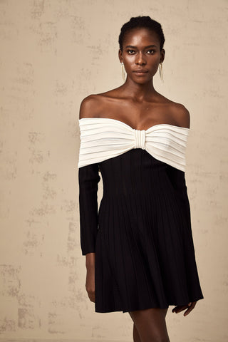 Justine Off-Shoulder Bow Knit Mini Dress — Black & White