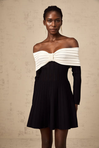 Justine Off-Shoulder Bow Knit Mini Dress — Black & White