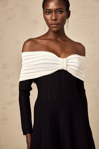 Justine Off-Shoulder Bow Knit Mini Dress — Black & White