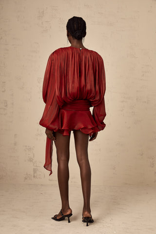 Eugénie Pleated Ruffle Mini Dress — Red