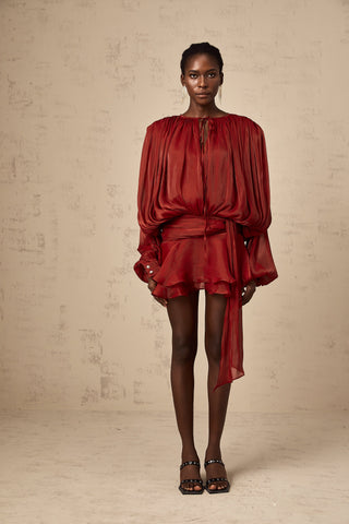 Eugénie Pleated Ruffle Mini Dress — Red