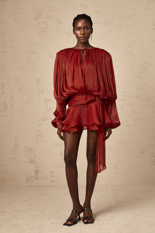Eugénie Pleated Ruffle Mini Dress — Red