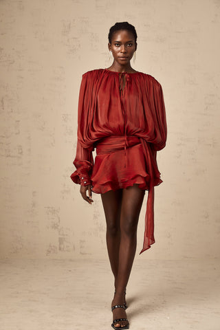 Eugénie Pleated Ruffle Mini Dress — Red