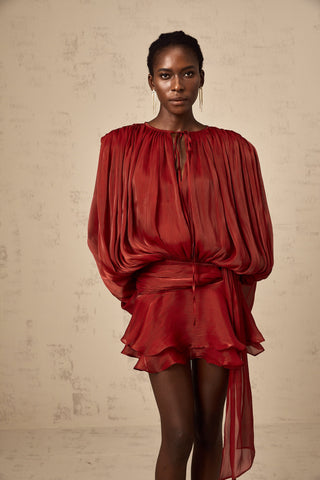 Eugénie Pleated Ruffle Mini Dress — Red