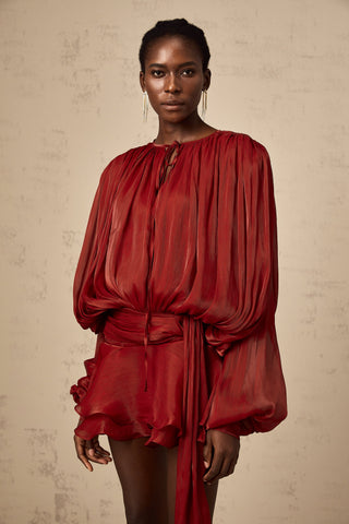 Eugénie Pleated Ruffle Mini Dress — Red