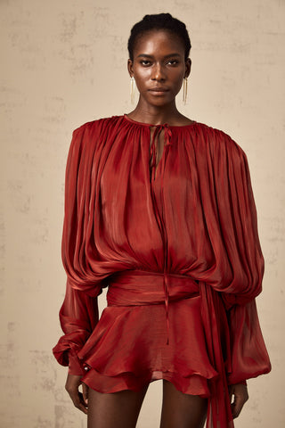 Eugénie Pleated Ruffle Mini Dress — Red