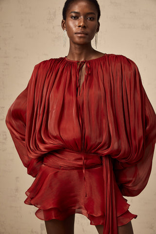 Eugénie Pleated Ruffle Mini Dress — Red