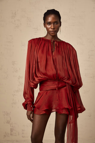 Eugénie Pleated Ruffle Mini Dress — Red
