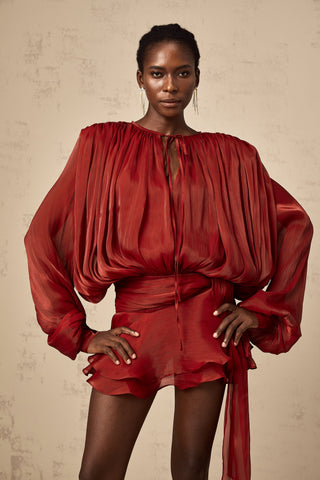 Eugénie Pleated Ruffle Mini Dress — Red