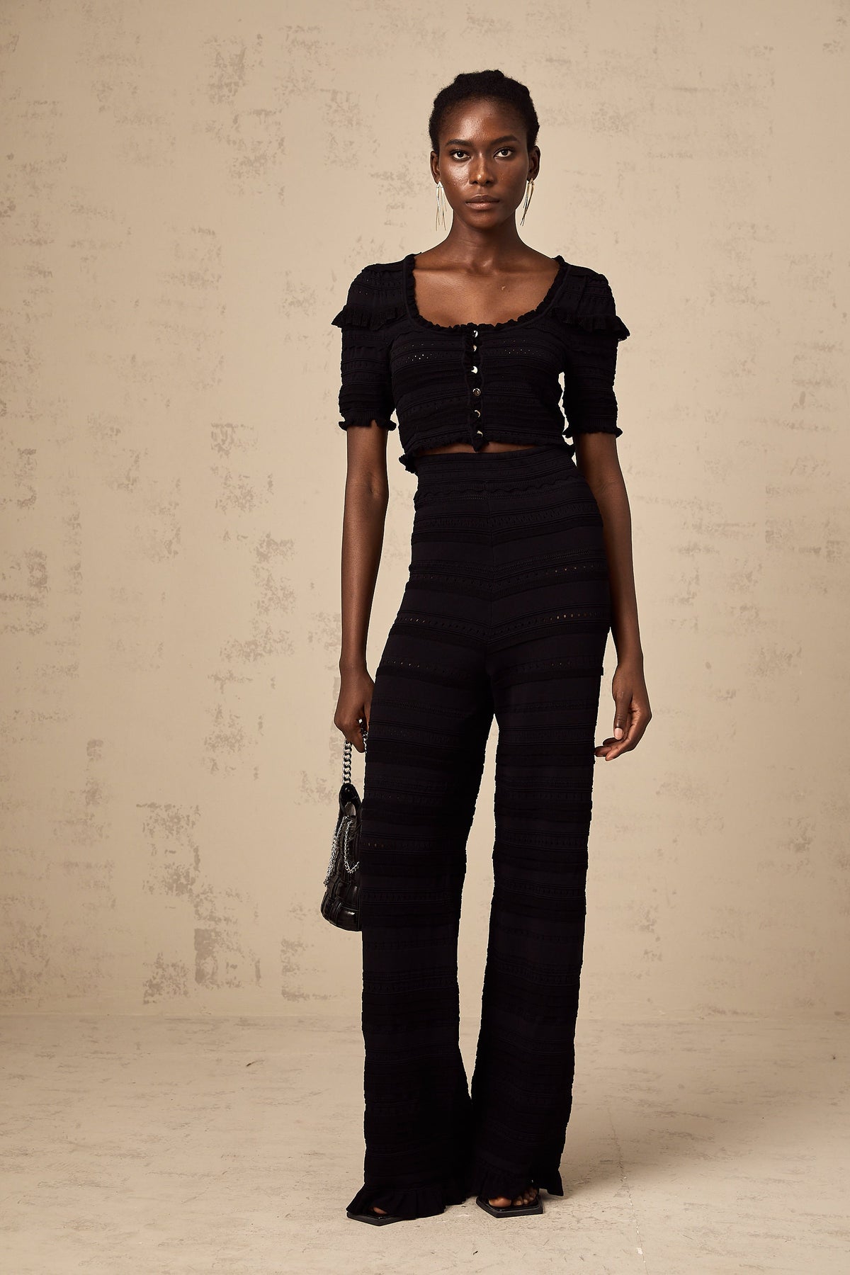 Charlotte Ruffled Knit Top and Trousers Set — Black