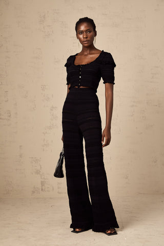 Charlotte Ruffled Knit Top and Trousers Set — Black