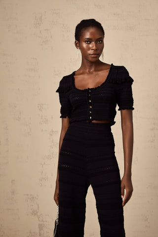 Charlotte Ruffled Knit Top and Trousers Set — Black