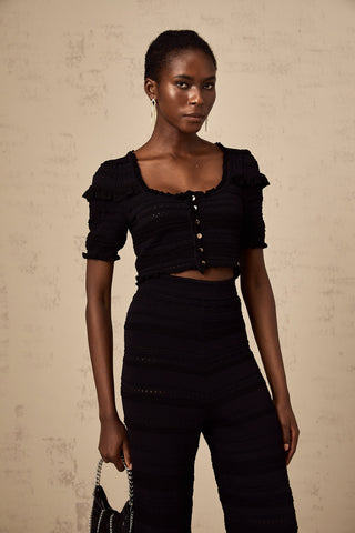 Charlotte Ruffled Knit Top and Trousers Set — Black