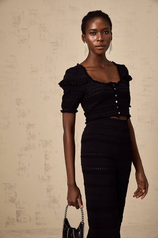 Charlotte Ruffled Knit Top and Trousers Set — Black