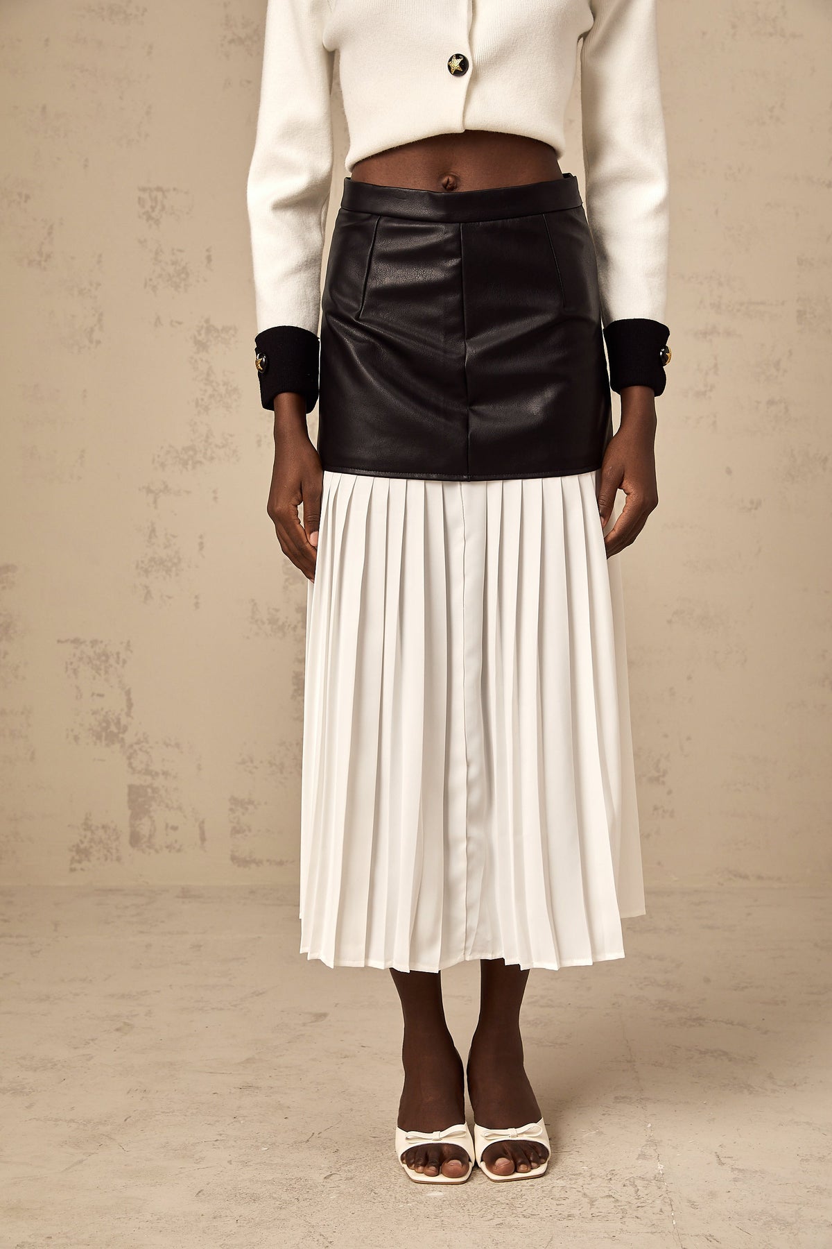Aria Color-Blocked Leather Midi Skirt