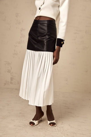 Aria Color-Blocked Leather Midi Skirt