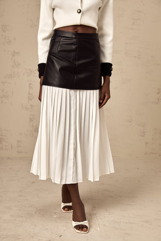 Aria Color-Blocked Leather Midi Skirt