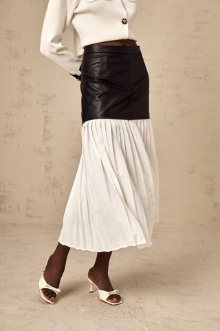 Aria Color-Blocked Leather Midi Skirt