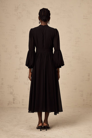 Viviane Pleated Button-Front Midi Dress — Black
