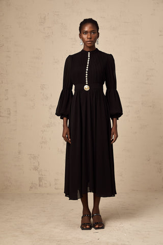 Viviane Pleated Button-Front Midi Dress — Black