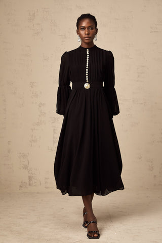 Viviane Pleated Button-Front Midi Dress — Black