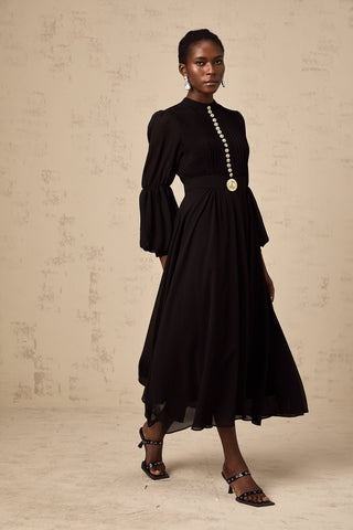 Viviane Pleated Button-Front Midi Dress — Black