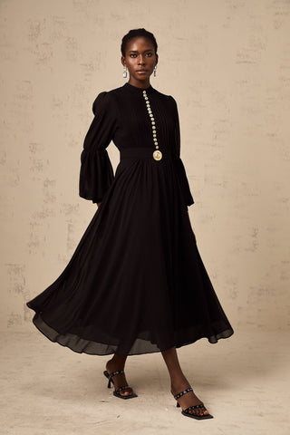 Viviane Pleated Button-Front Midi Dress — Black