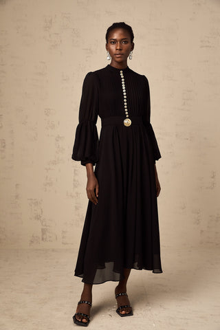 Viviane Pleated Button-Front Midi Dress — Black