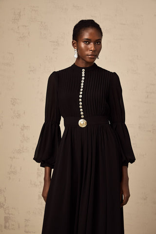 Viviane Pleated Button-Front Midi Dress — Black