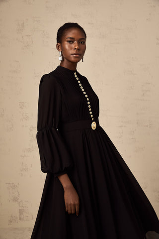 Viviane Pleated Button-Front Midi Dress — Black