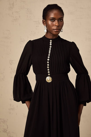 Viviane Pleated Button-Front Midi Dress — Black