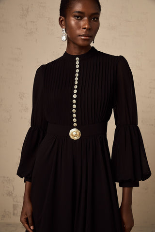 Viviane Pleated Button-Front Midi Dress — Black