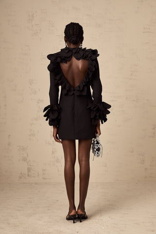Priscille Ruffled Open-Back Mini Dress — Black