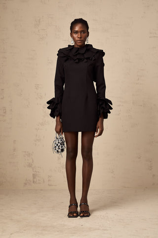 Priscille Ruffled Open-Back Mini Dress — Black
