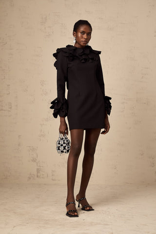 Priscille Ruffled Open-Back Mini Dress — Black