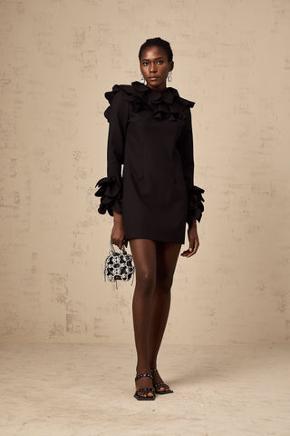 Priscille Ruffled Open-Back Mini Dress — Black