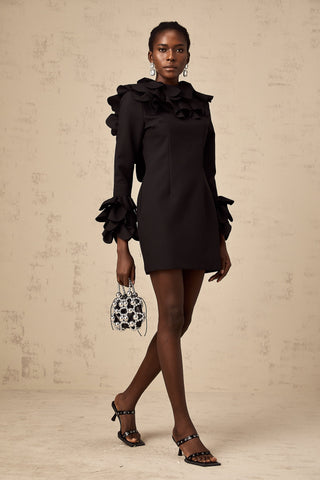 Priscille Ruffled Open-Back Mini Dress — Black