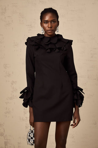 Priscille Ruffled Open-Back Mini Dress — Black