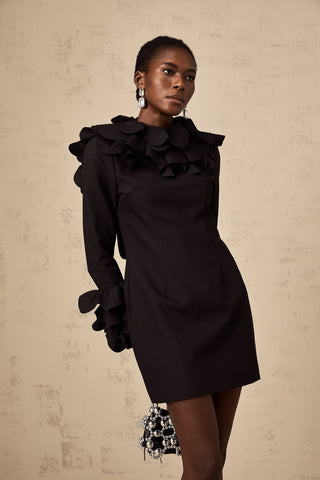 Priscille Ruffled Open-Back Mini Dress — Black