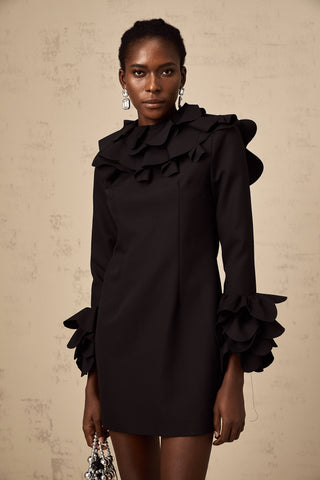 Priscille Ruffled Open-Back Mini Dress — Black