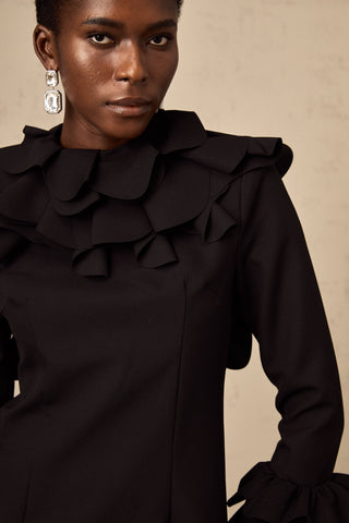 Priscille Ruffled Open-Back Mini Dress — Black