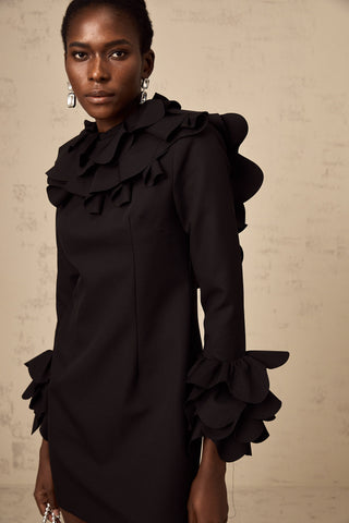 Priscille Ruffled Open-Back Mini Dress — Black