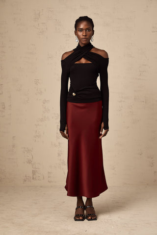 Vanessa Satin Flared Skirt — Wine Red