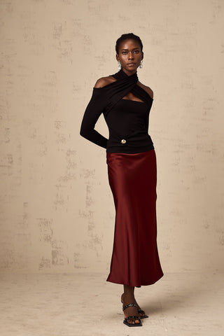 Vanessa Satin Flared Skirt — Wine Red