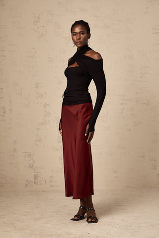 Vanessa Satin Flared Skirt — Wine Red