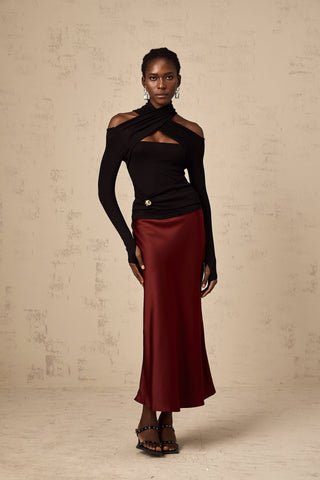 Vanessa Satin Flared Skirt — Wine Red